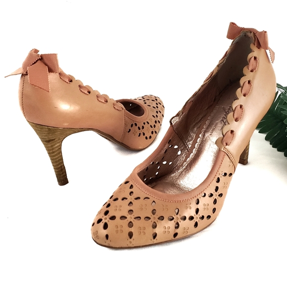 Miss Albright Shoes - Miss Albright Peach Eyelet Pumps 7